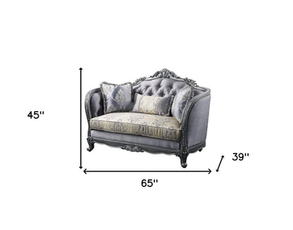 65" Gray And Platinum Silk Blend Loveseat and Toss Pillows HomeRoots
