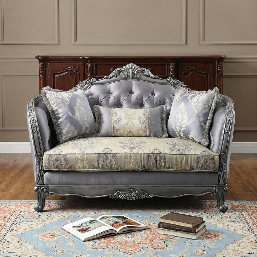 65" Gray And Platinum Silk Blend Loveseat and Toss Pillows HomeRoots