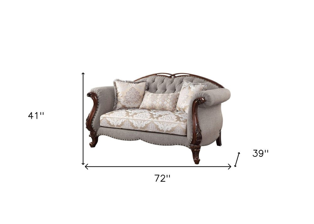 72" Beige And Dark Brown Linen Loveseat and Toss Pillows HomeRoots