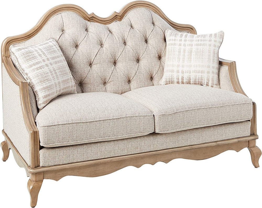 62" Beige And Brown Linen Loveseat and Toss Pillows HomeRoots