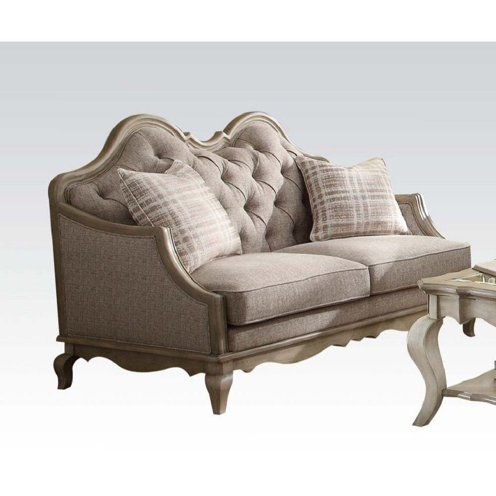 62" Beige And Brown Linen Loveseat and Toss Pillows HomeRoots