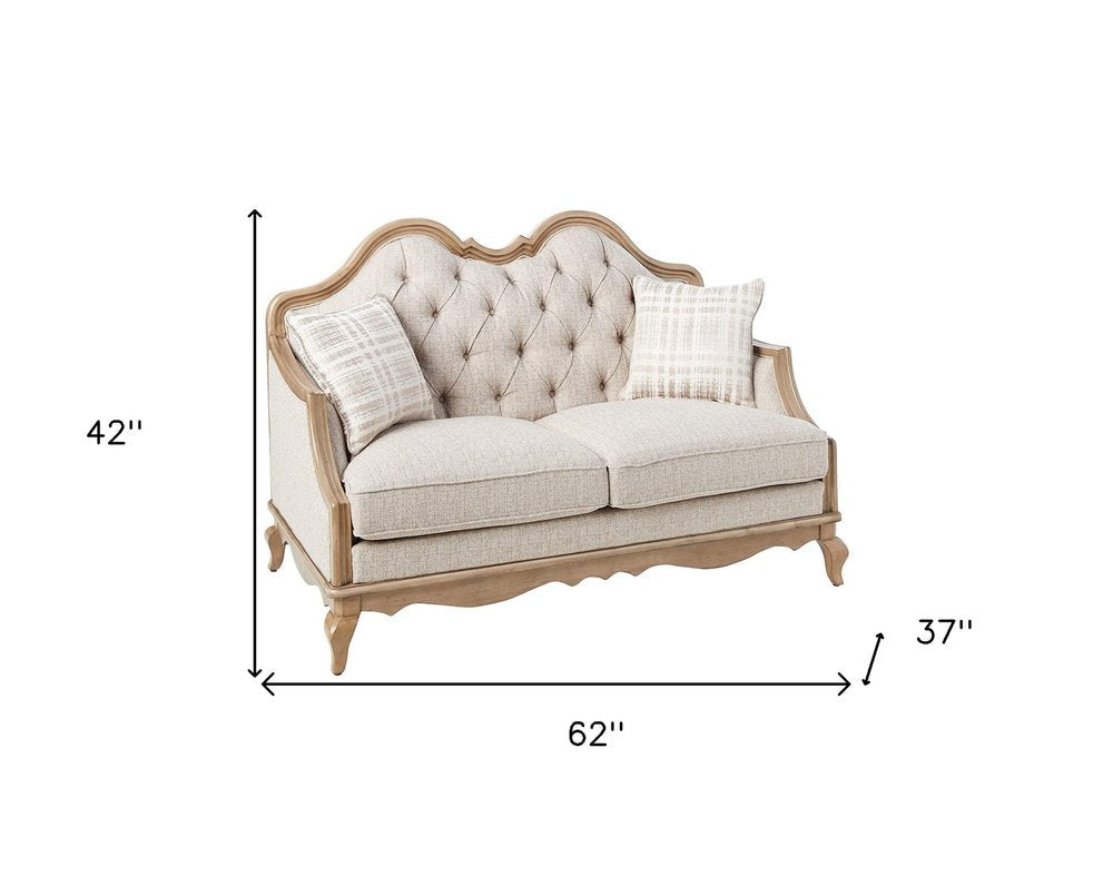 62" Beige And Brown Linen Loveseat and Toss Pillows HomeRoots