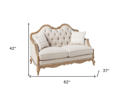62" Beige And Brown Linen Loveseat and Toss Pillows HomeRoots
