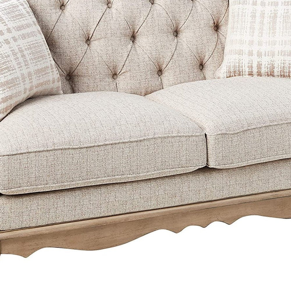 62" Beige And Brown Linen Loveseat and Toss Pillows HomeRoots