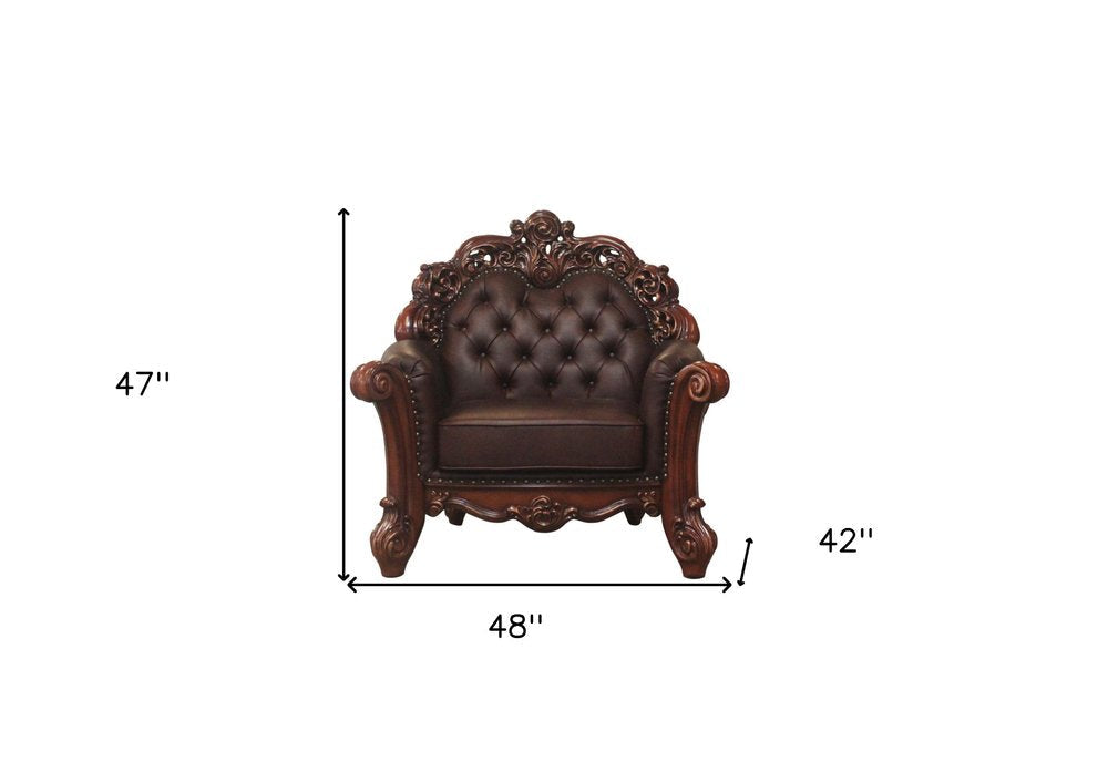 48" Dark Brown Faux Leather Tufted Chesterfield Chair And Toss Pillow HomeRoots