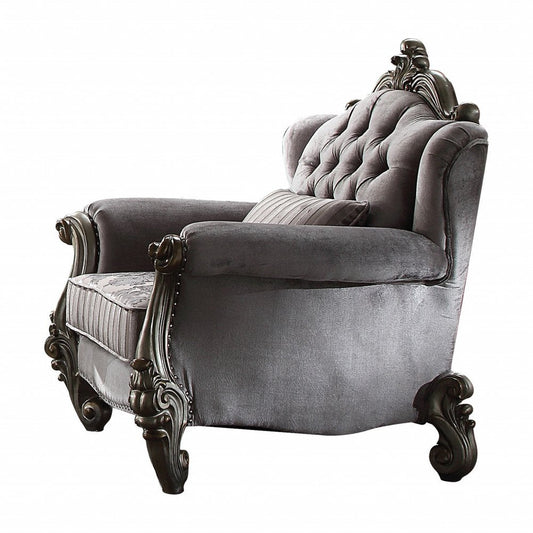 44" Gray and Platinum Velvet Floral Tufted Club Chair And Toss Pillow HomeRoots
