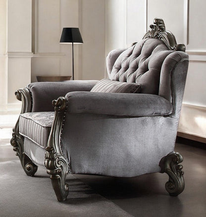 44" Gray and Platinum Velvet Floral Tufted Club Chair And Toss Pillow HomeRoots