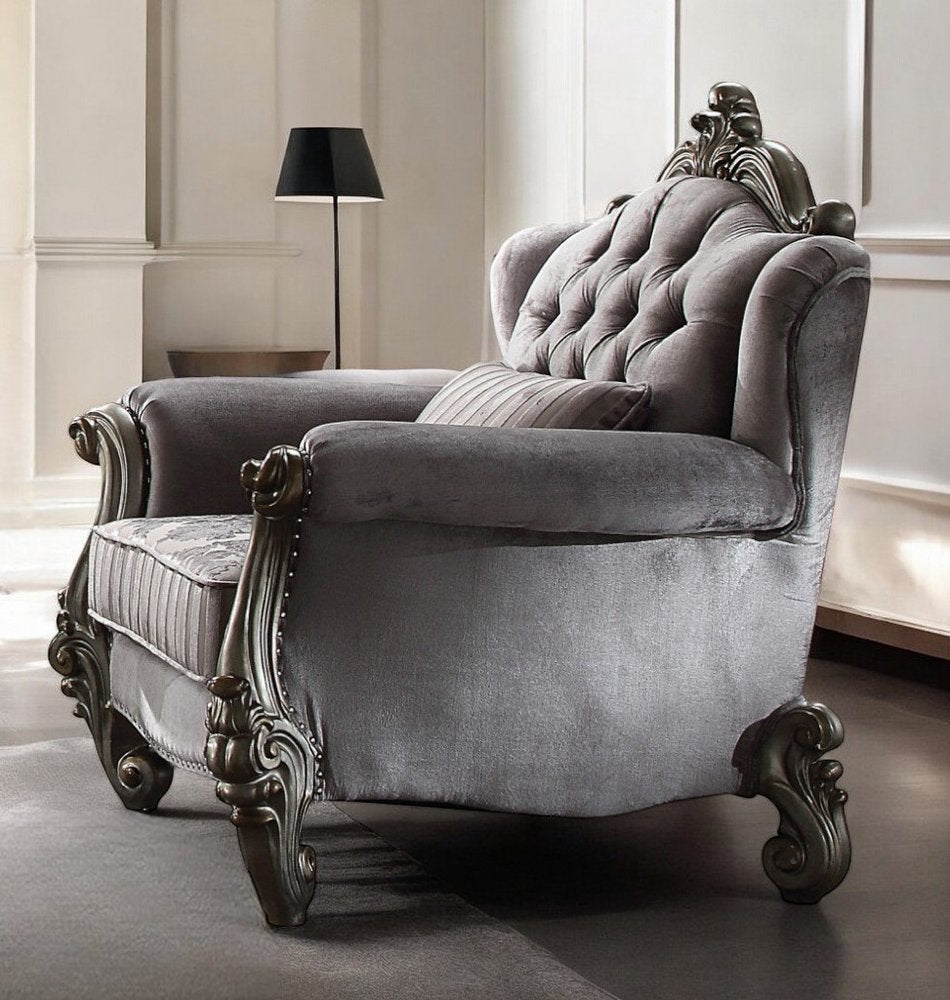 44" Gray and Platinum Velvet Floral Tufted Club Chair And Toss Pillow HomeRoots
