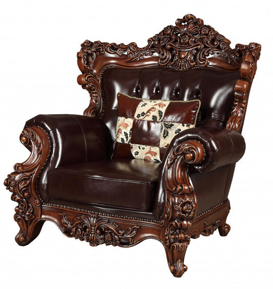 50" Espresso Faux Leather Tufted Wingback Chair And Toss Pillow HomeRoots