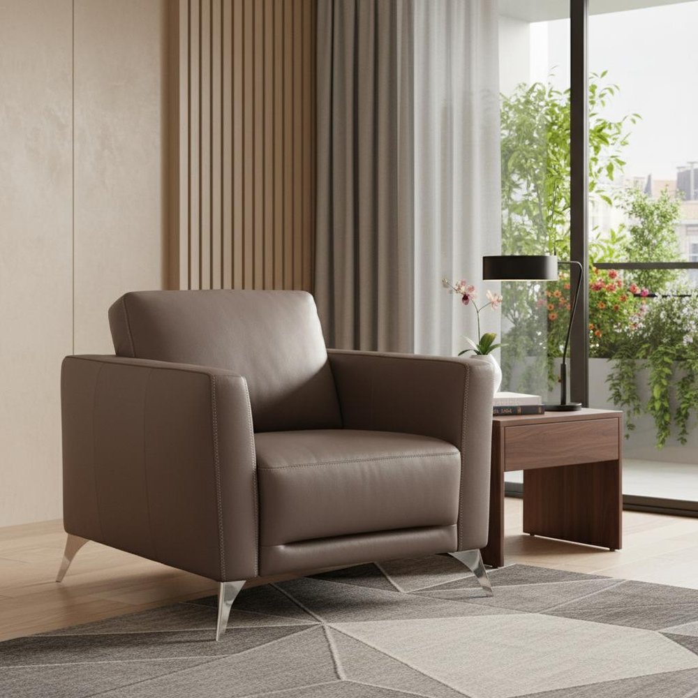 35" Taupe and Black Genuine Leather Arm Chair HomeRoots