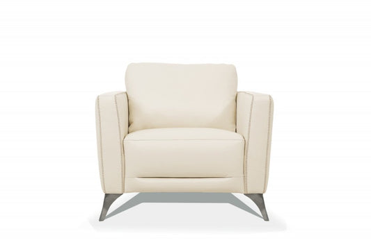 35" Cream and Black Genuine Leather Arm Chair