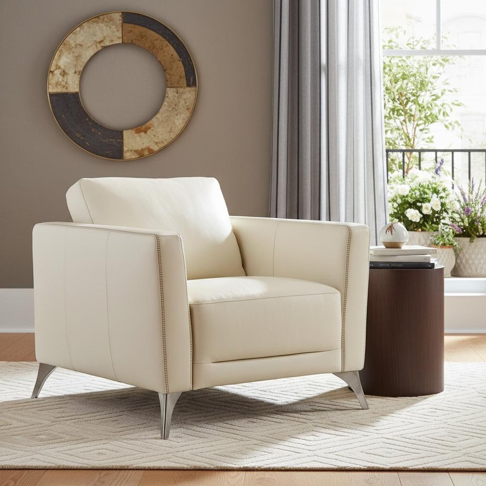 35" Cream and Black Genuine Leather Arm Chair HomeRoots
