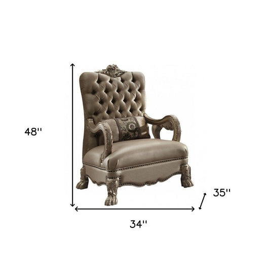 34" Bone and Gold Velvet Tufted Chesterfield Chair And Toss Pillow