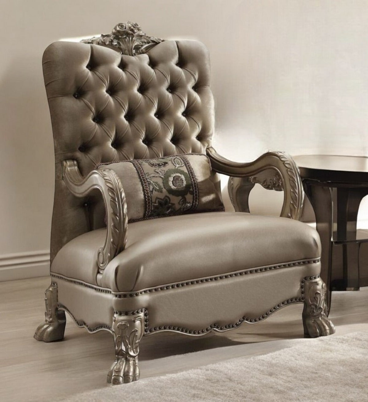 34" Bone and Gold Velvet Tufted Arm Chair