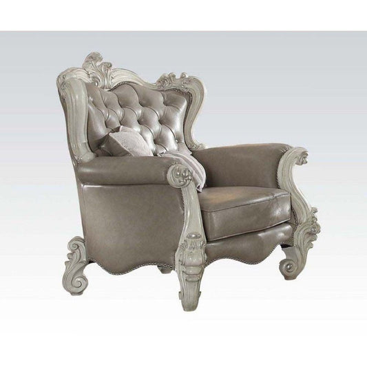 43" Gray and Bone Faux Leather Tufted Chesterfield Chair And Toss Pillows