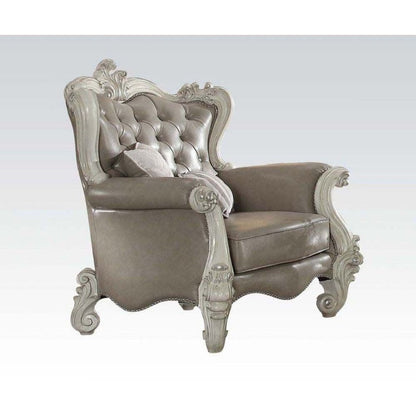 43" Gray and Bone Faux Leather Tufted Chesterfield Chair And Toss Pillows HomeRoots