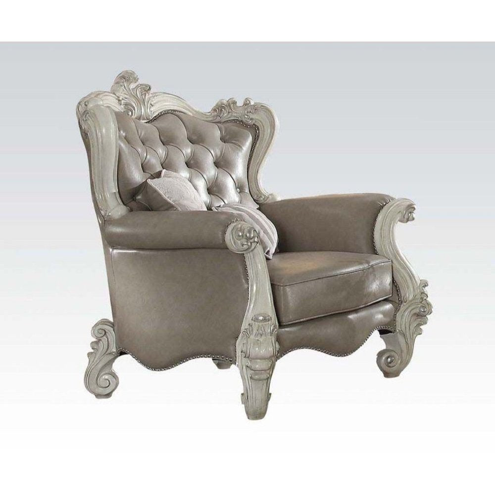 43" Gray and Bone Faux Leather Tufted Chesterfield Chair And Toss Pillows HomeRoots