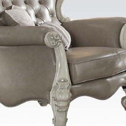 43" Gray and Bone Faux Leather Tufted Chesterfield Chair And Toss Pillows HomeRoots