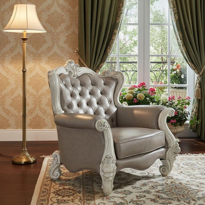43" Gray and Bone Faux Leather Tufted Chesterfield Chair And Toss Pillows HomeRoots