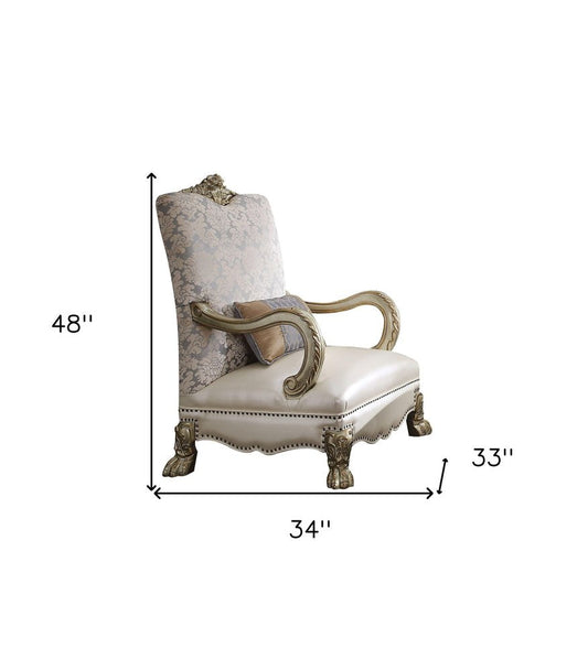 34" Pearl and Gold Faux Leather Floral Arm Chair And Toss Pillow HomeRoots