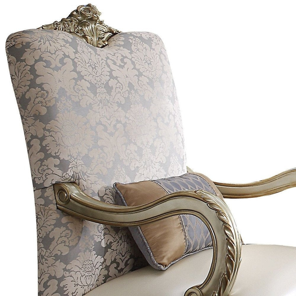 34" Pearl and Gold Faux Leather Floral Arm Chair And Toss Pillow HomeRoots