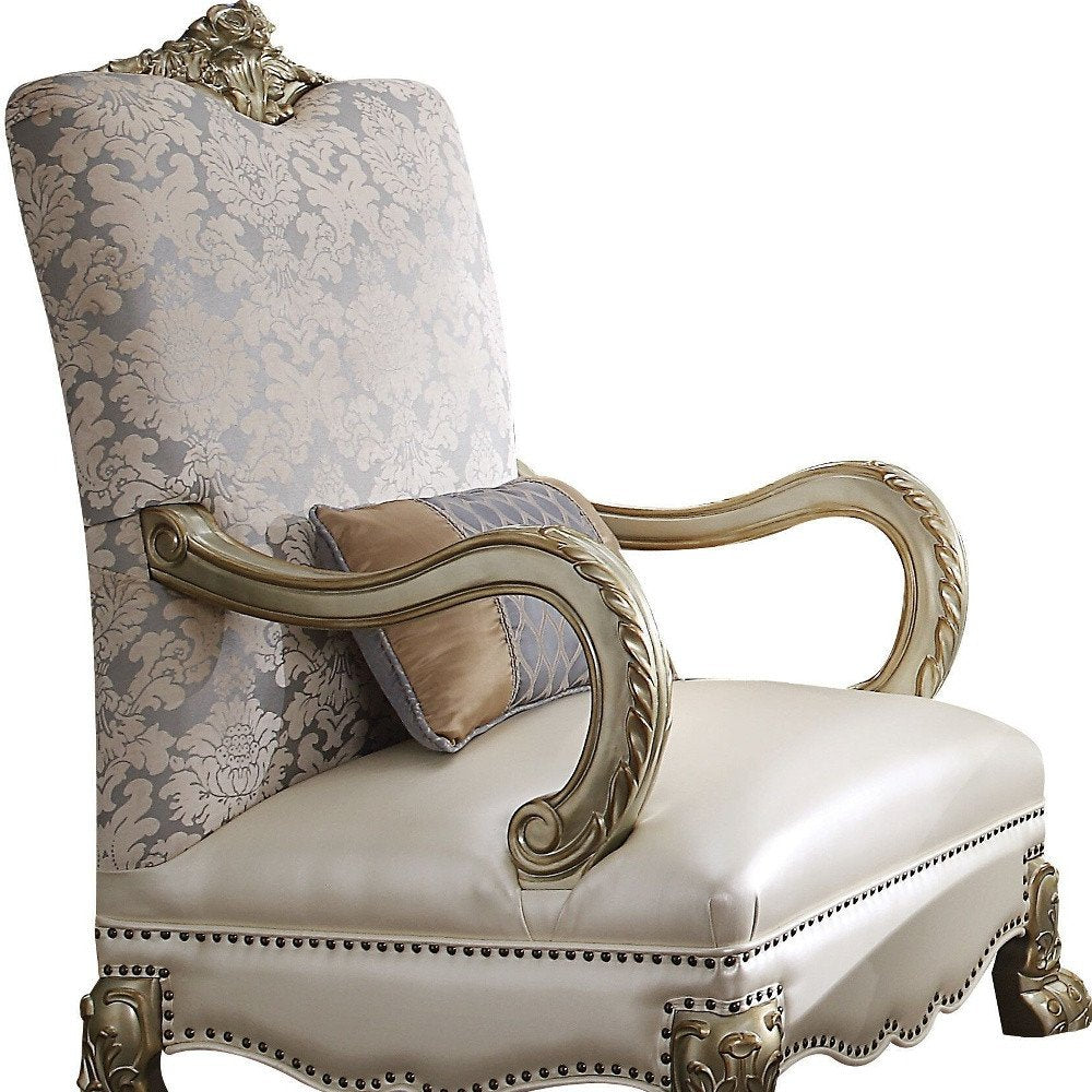 34" Pearl and Gold Faux Leather Floral Arm Chair And Toss Pillow HomeRoots