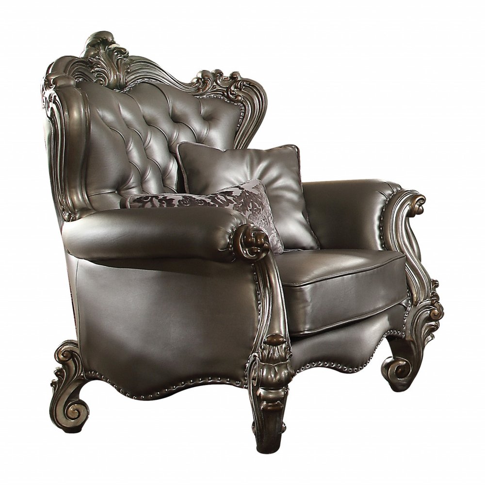 44" Silver and Platinum Faux Leather Tufted Wingback Chair And Toss Pillows HomeRoots
