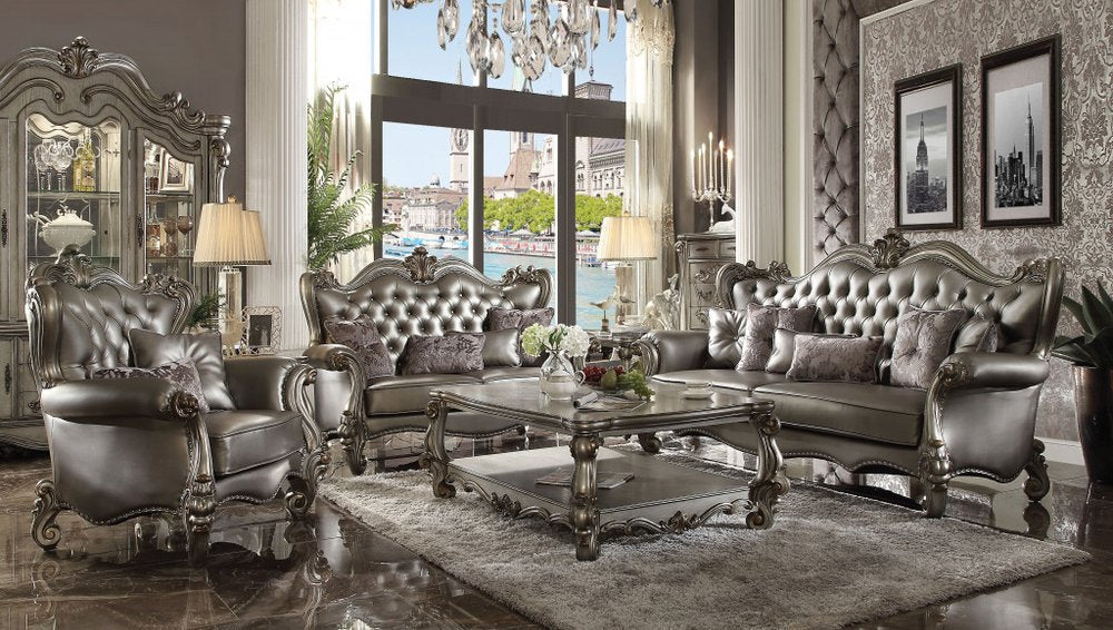 44" Silver and Platinum Faux Leather Tufted Wingback Chair And Toss Pillows HomeRoots