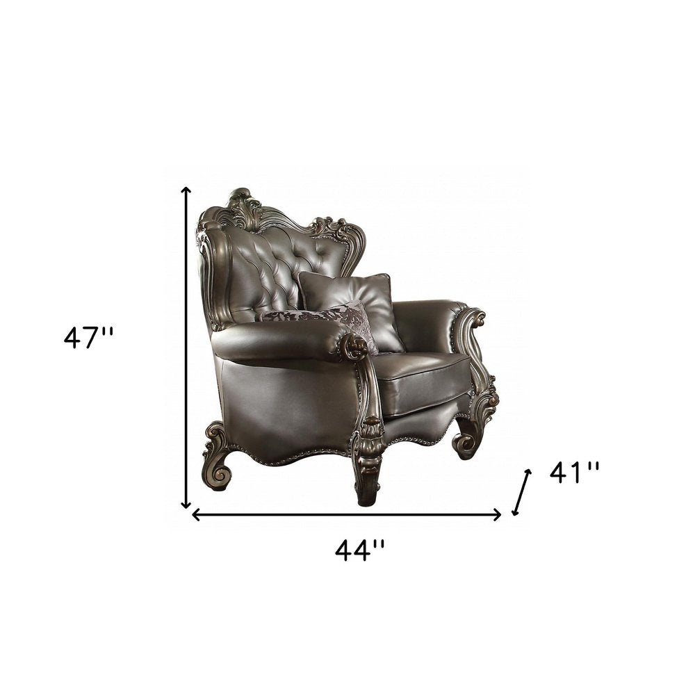 44" Silver and Platinum Faux Leather Tufted Wingback Chair And Toss Pillows HomeRoots
