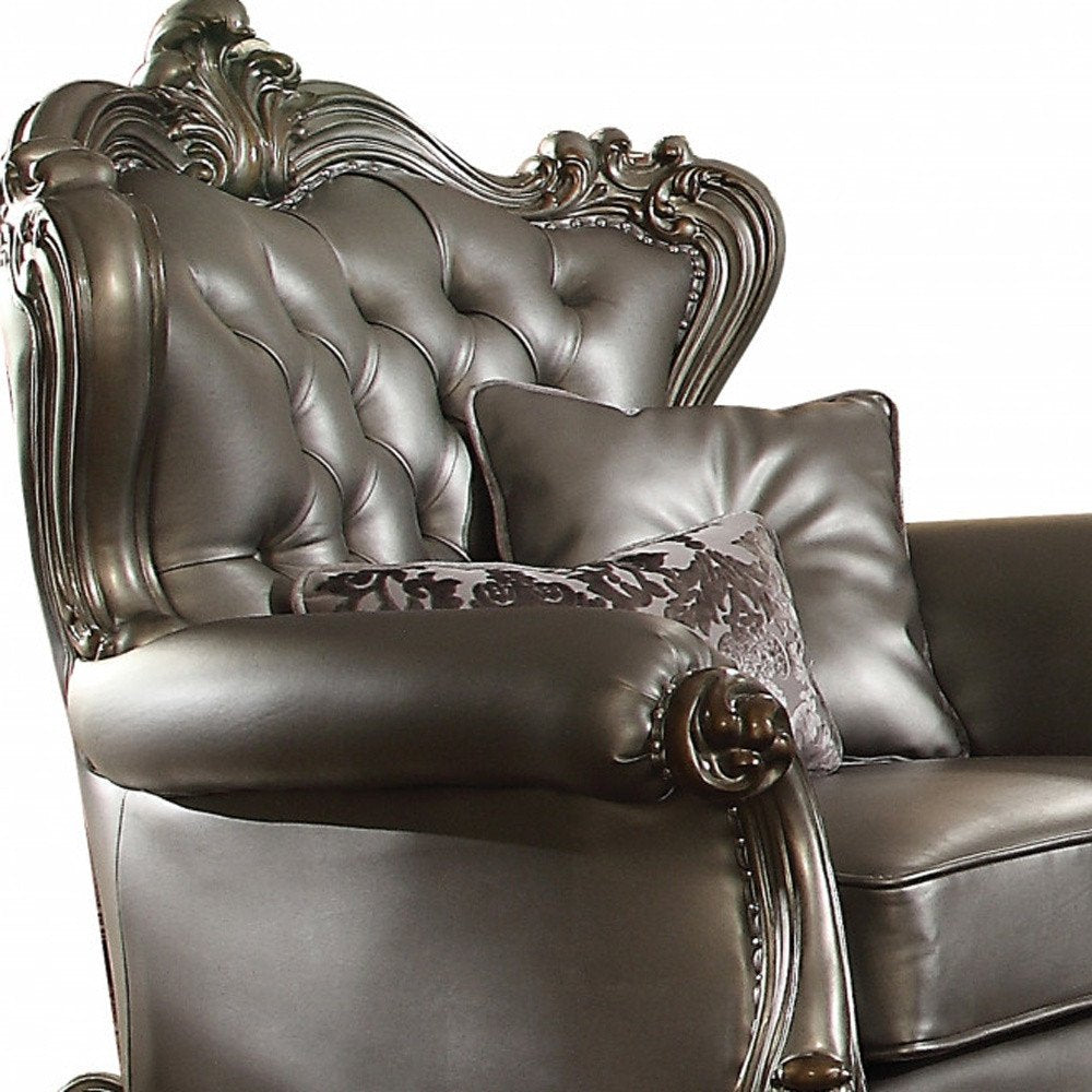 44" Silver and Platinum Faux Leather Tufted Wingback Chair And Toss Pillows HomeRoots