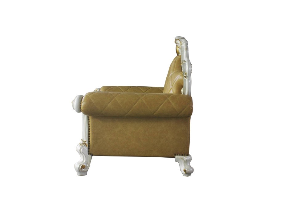 50" Beige and Pearl Faux Leather Tufted Arm Chair And Toss Pillow HomeRoots