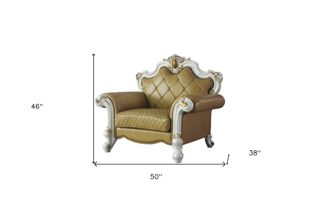 50" Beige and Pearl Faux Leather Tufted Arm Chair And Toss Pillow HomeRoots
