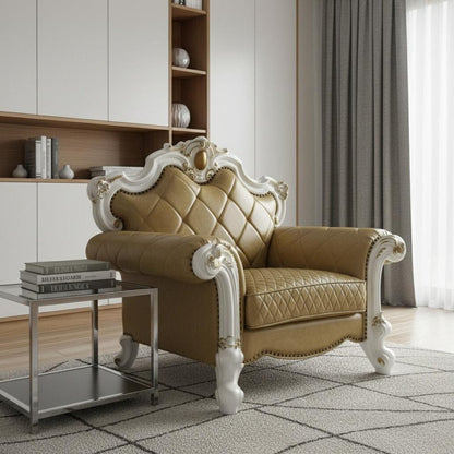 50" Beige and Pearl Faux Leather Tufted Arm Chair And Toss Pillow HomeRoots
