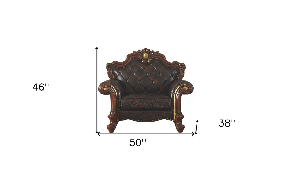 50" Chocolate Faux Leather Tufted Chesterfield Chair And Toss Pillow HomeRoots