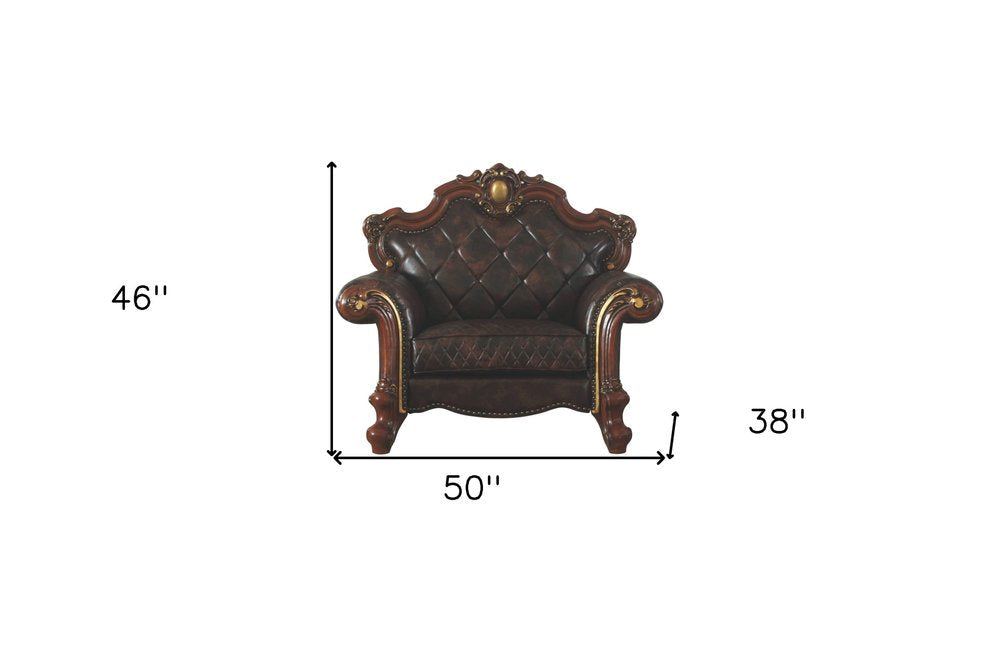 50" Chocolate Faux Leather Tufted Chesterfield Chair And Toss Pillow HomeRoots