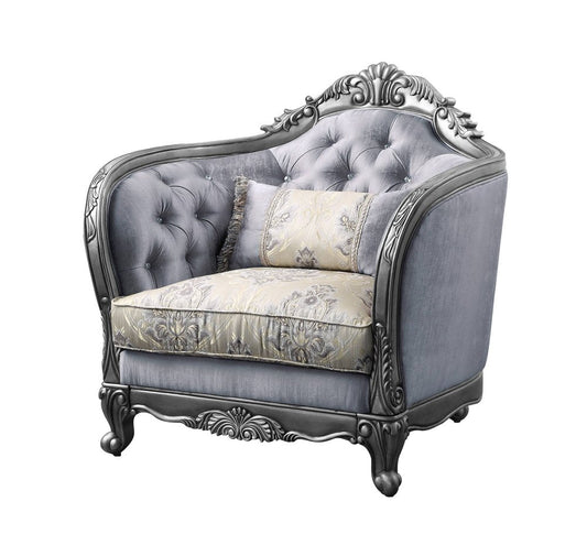 43" Light Gray and Platinum Fabric Floral Tufted Arm Chair And Toss Pillow HomeRoots
