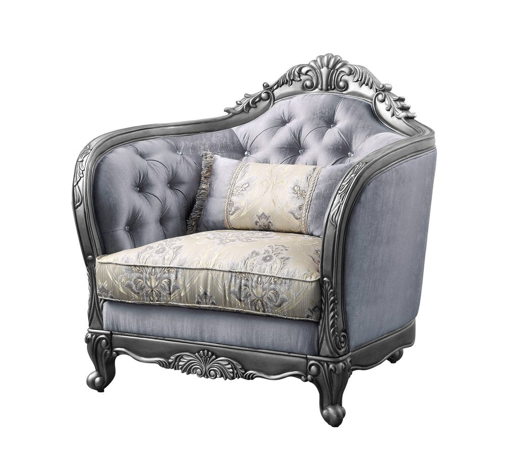 43" Light Gray and Platinum Fabric Floral Tufted Arm Chair And Toss Pillow — view 1