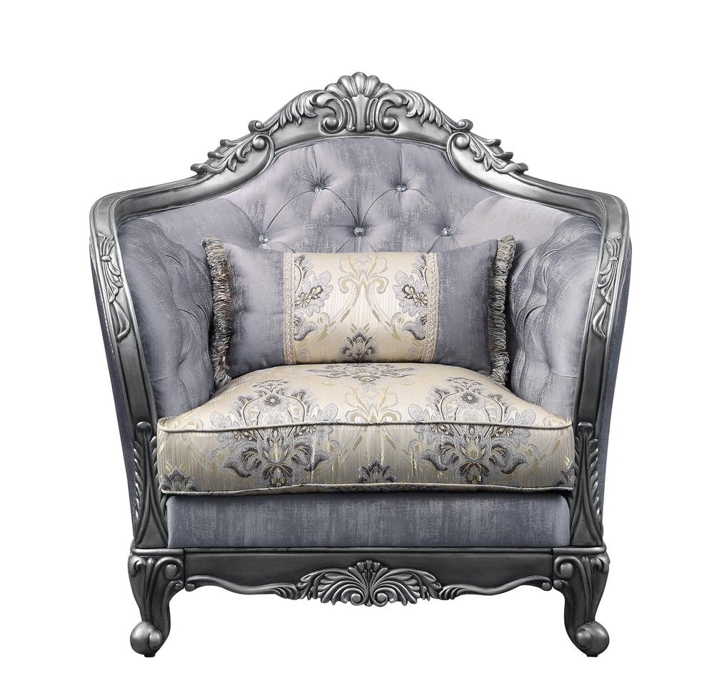 43" Light Gray and Platinum Fabric Floral Tufted Arm Chair And Toss Pillow