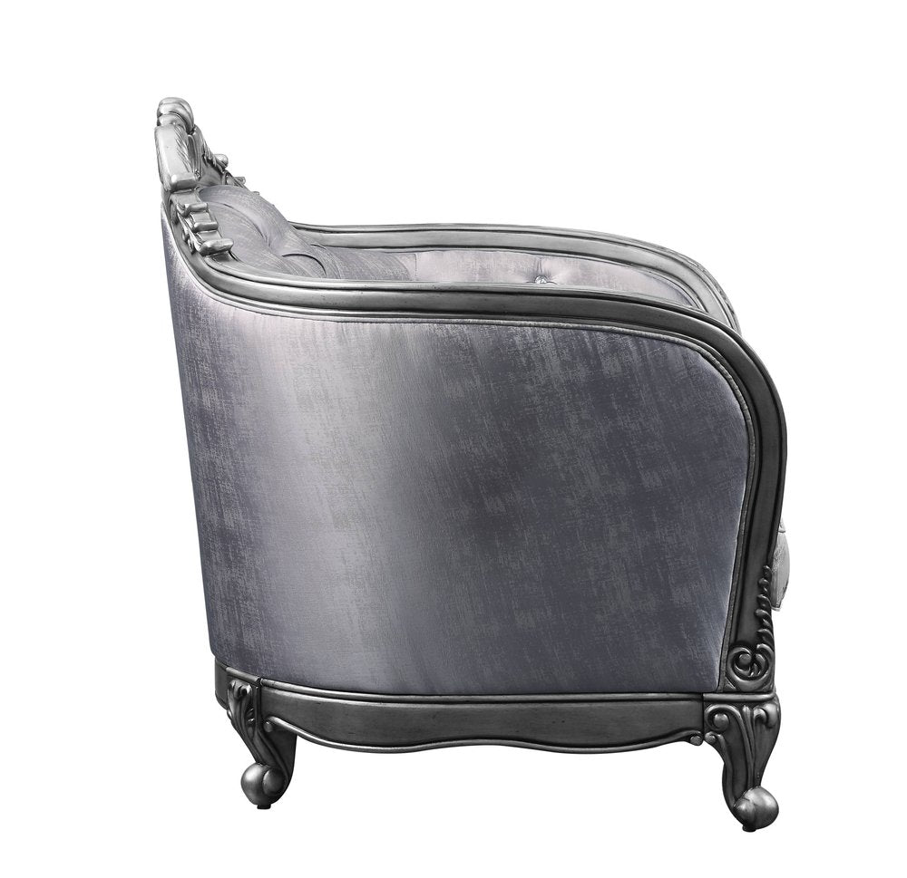 43" Light Gray and Platinum Fabric Floral Tufted Arm Chair And Toss Pillow HomeRoots