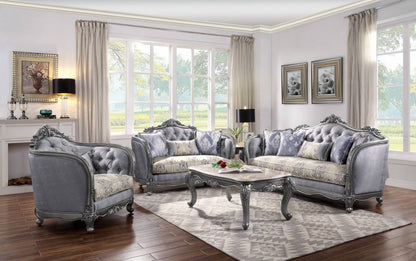 43" Light Gray and Platinum Fabric Floral Tufted Arm Chair And Toss Pillow HomeRoots