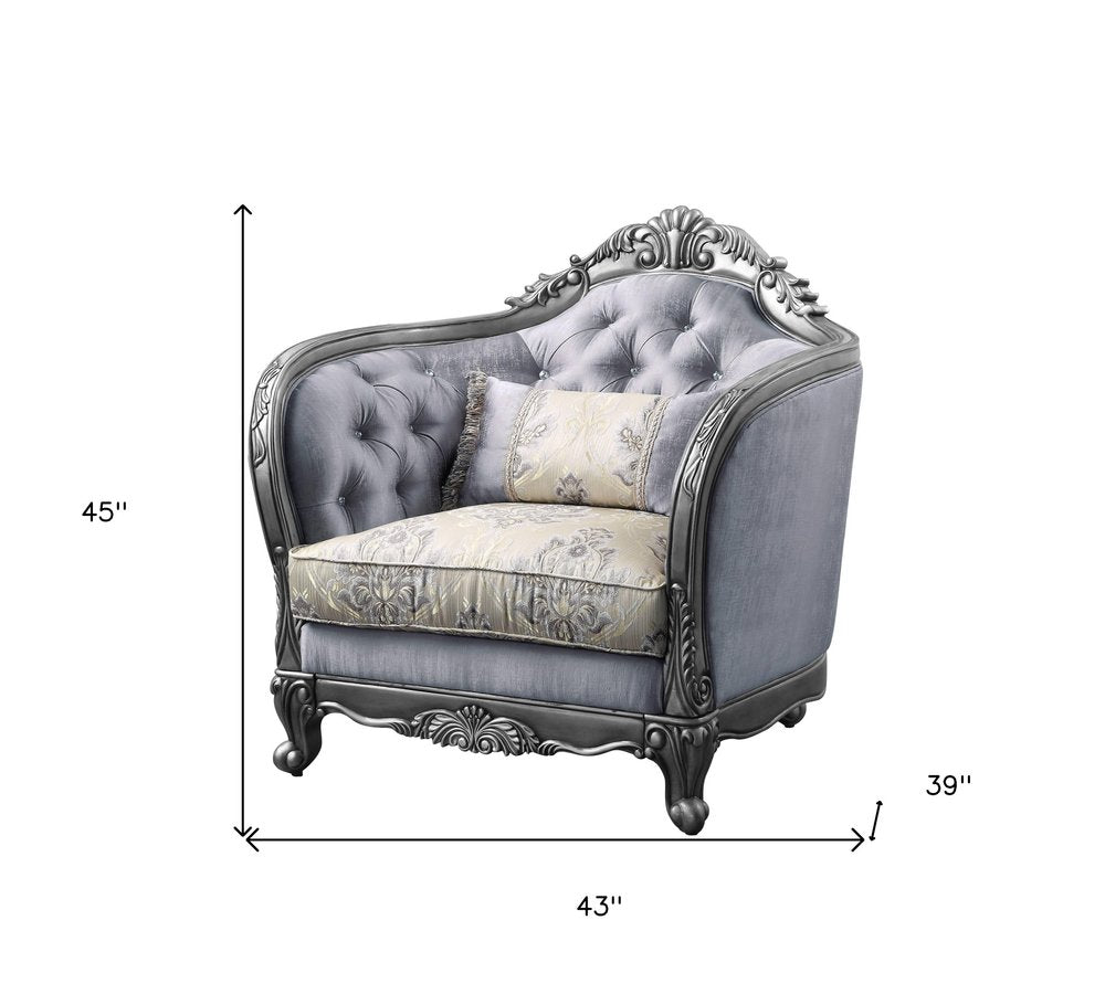 43" Light Gray and Platinum Fabric Floral Tufted Arm Chair And Toss Pillow HomeRoots