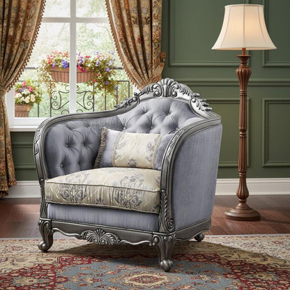 43" Light Gray and Platinum Fabric Floral Tufted Arm Chair And Toss Pillow HomeRoots