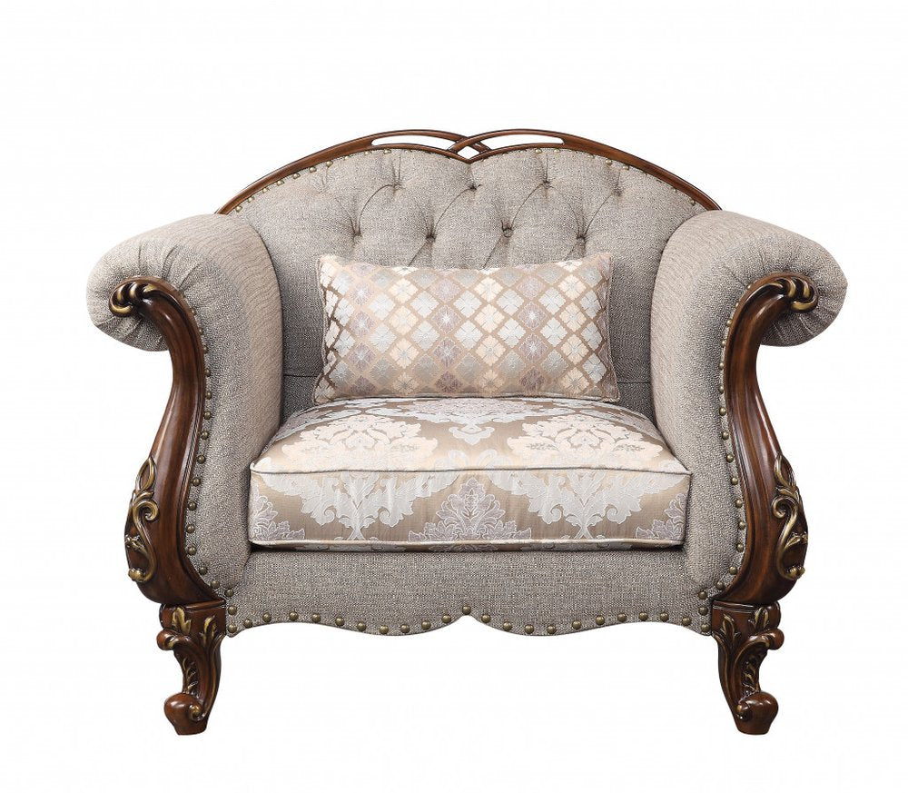 48" Beige and Brown Fabric Floral Arm Chair HomeRoots