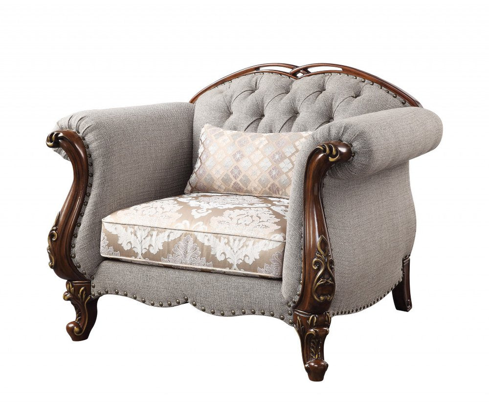 48" Beige and Brown Fabric Floral Arm Chair HomeRoots