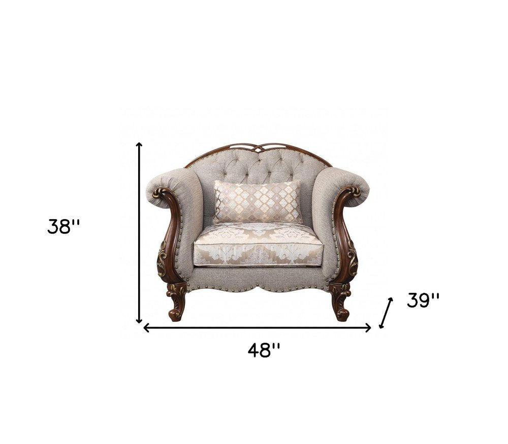 48" Beige and Brown Fabric Floral Arm Chair HomeRoots
