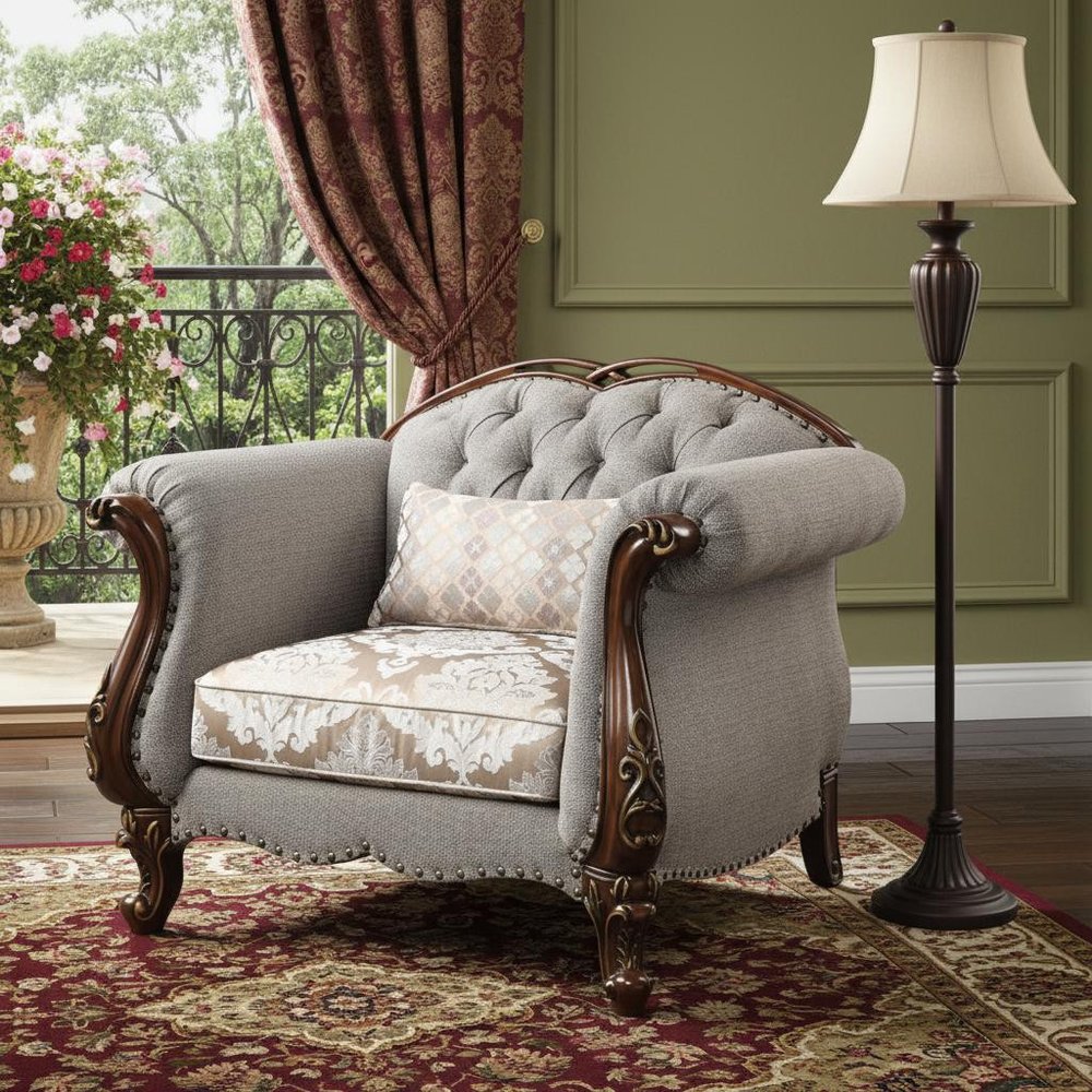 48" Beige and Brown Fabric Floral Arm Chair HomeRoots