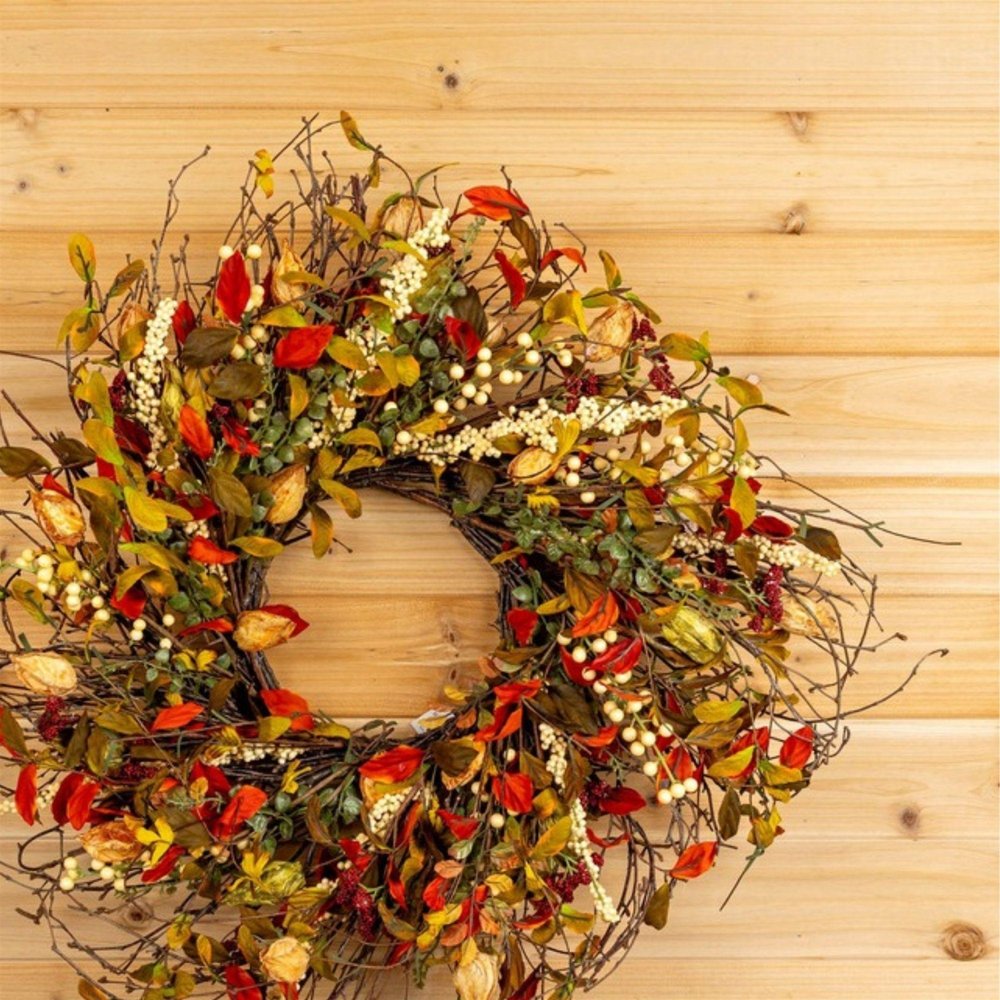 20" Green Brown  And White Fall Mixed Assortment Artificial Wreath HomeRoots