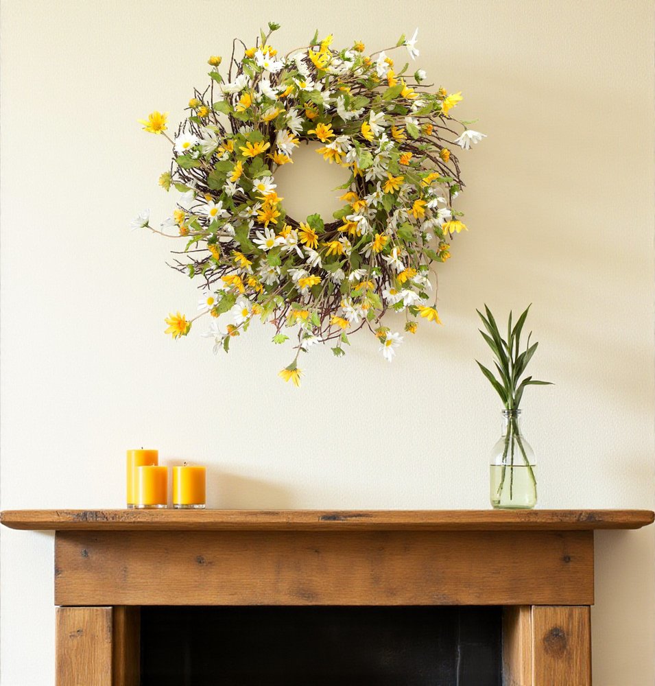 24" Green White And Yellow Spring Daisy Artificial Wreath HomeRoots