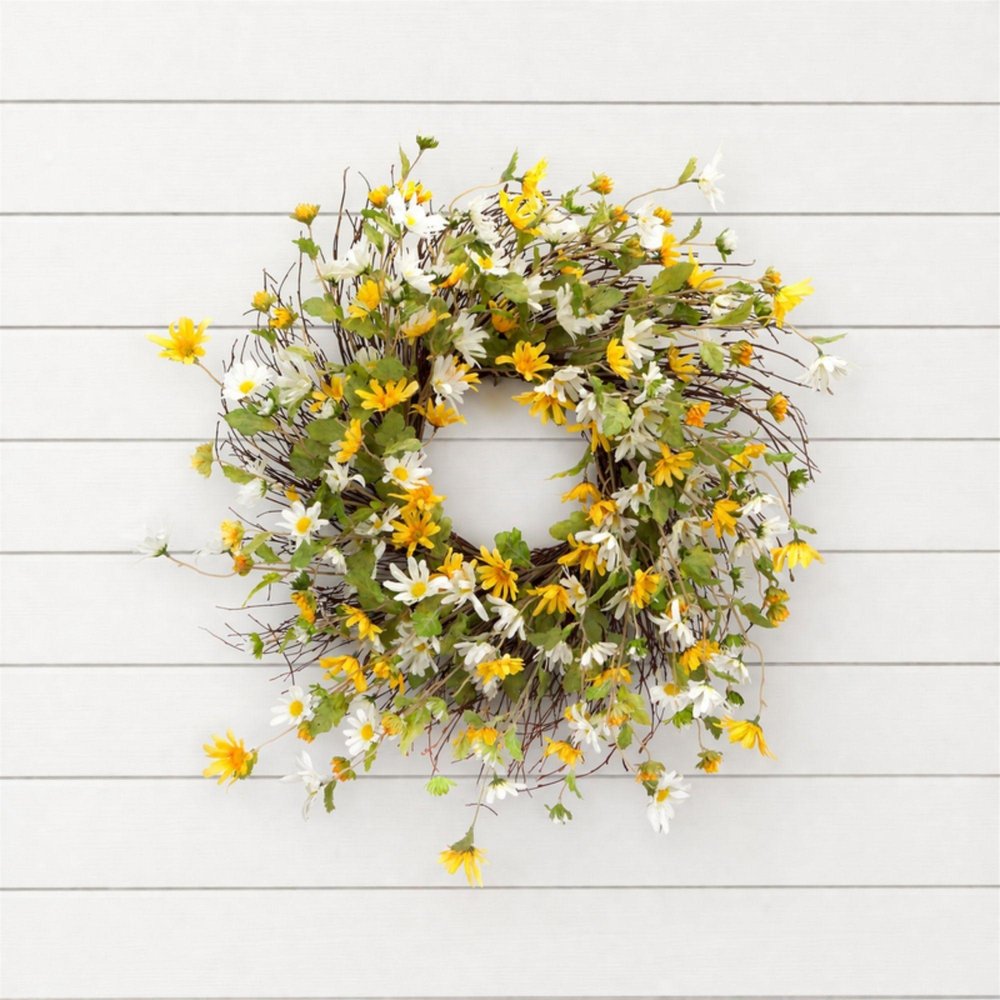 24" Green White And Yellow Spring Daisy Artificial Wreath HomeRoots