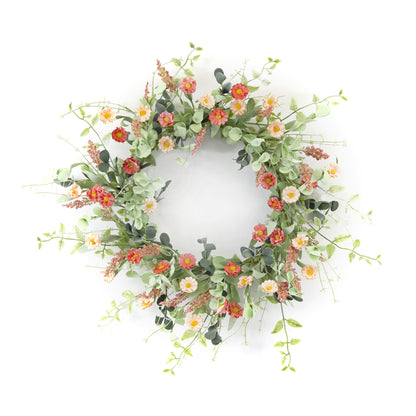 24" Pink and Green Artificial Spring Daisy Wreath